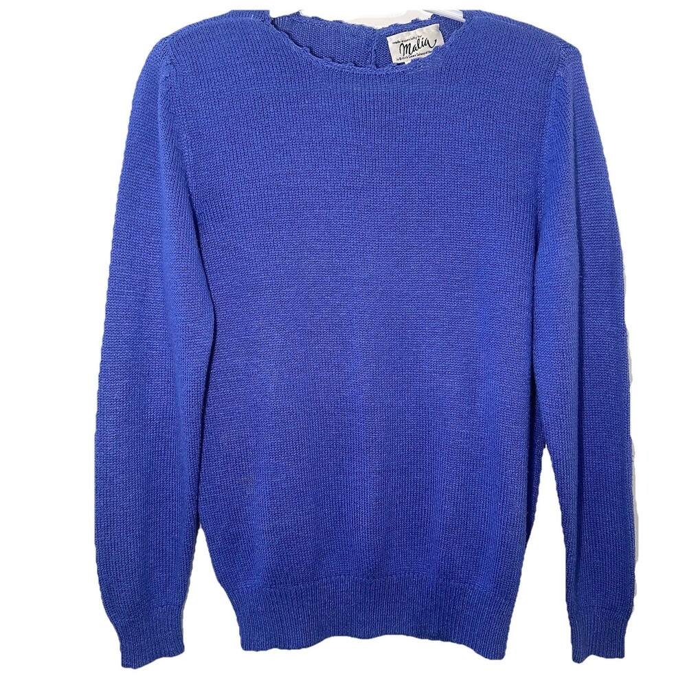 Vintage 1970s-80s Malia 100% Silk Blue Knit Sweater British Hong Kong Small